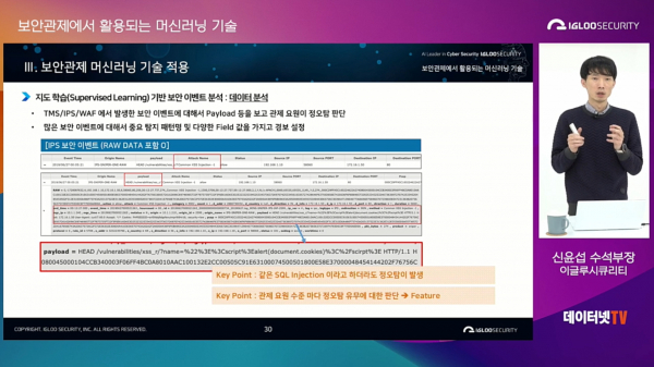 신윤섭 이글루시큐리티 수석부장이 보안관제에 머신러닝 기술이 적용되는 이유와 활용 방안을 소개하고 있다.
